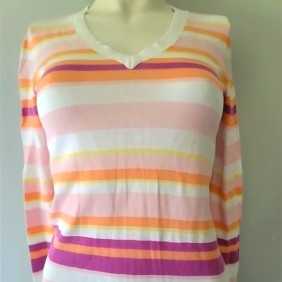 IZOD Petite V-Neck Long Sleeve Multicolor Striped Sweater Size XS - Picture 1 of 11